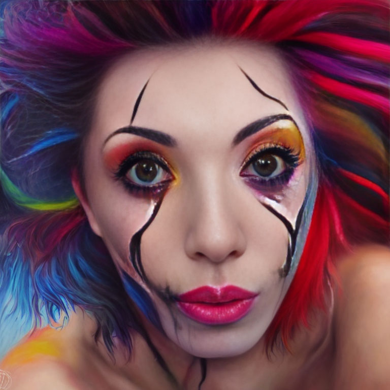 Colorful Makeup and Rainbow Hair Woman with Tear-Like Streaks