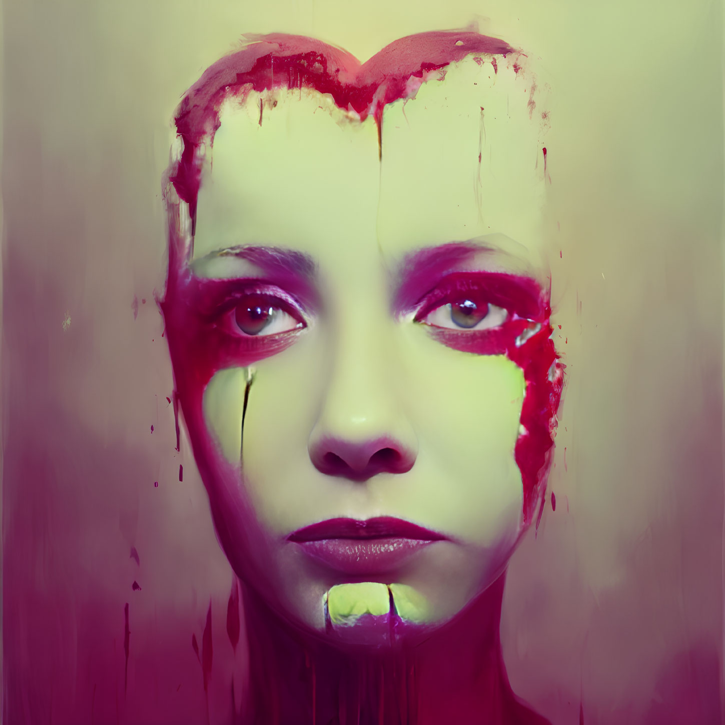 Stylized portrait with heart on forehead, red and yellow paint drips on face.