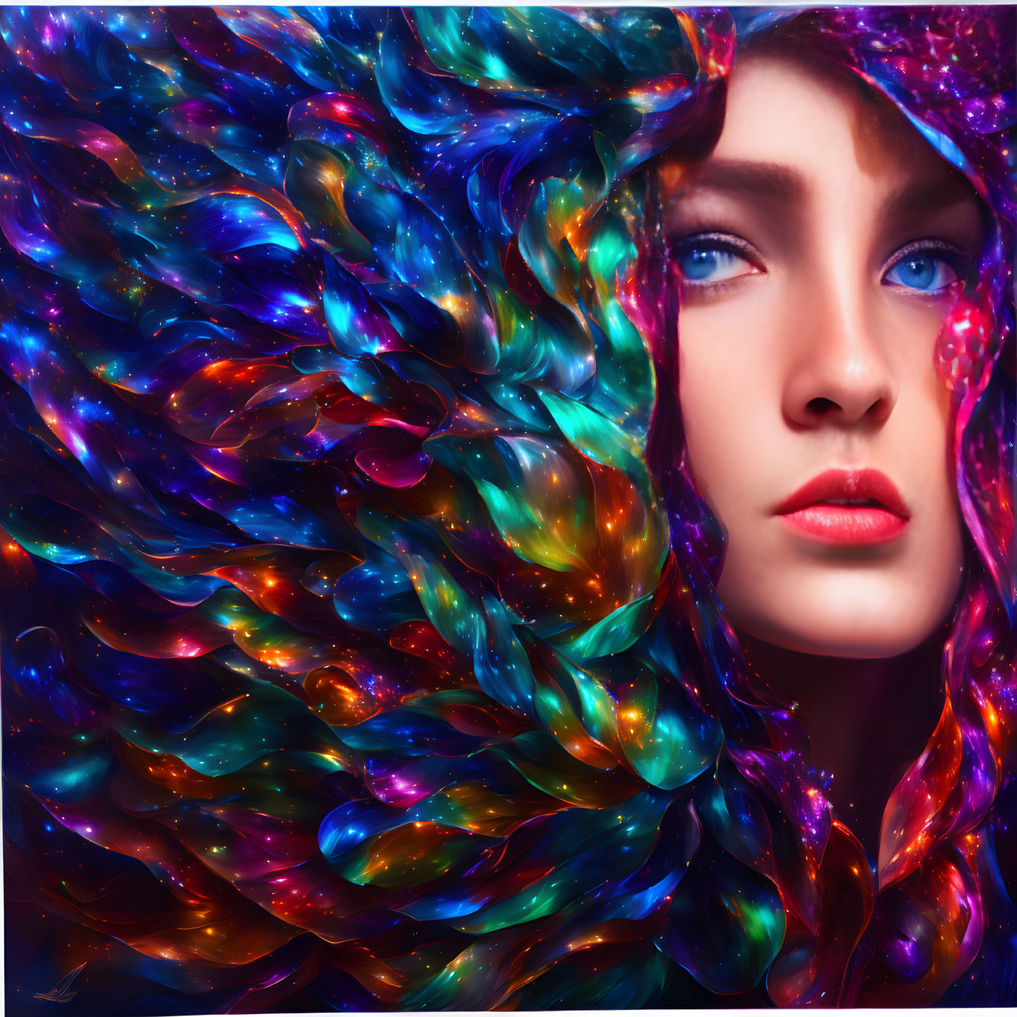 Woman with Striking Blue Eyes Surrounded by Vibrant, Iridescent Shapes