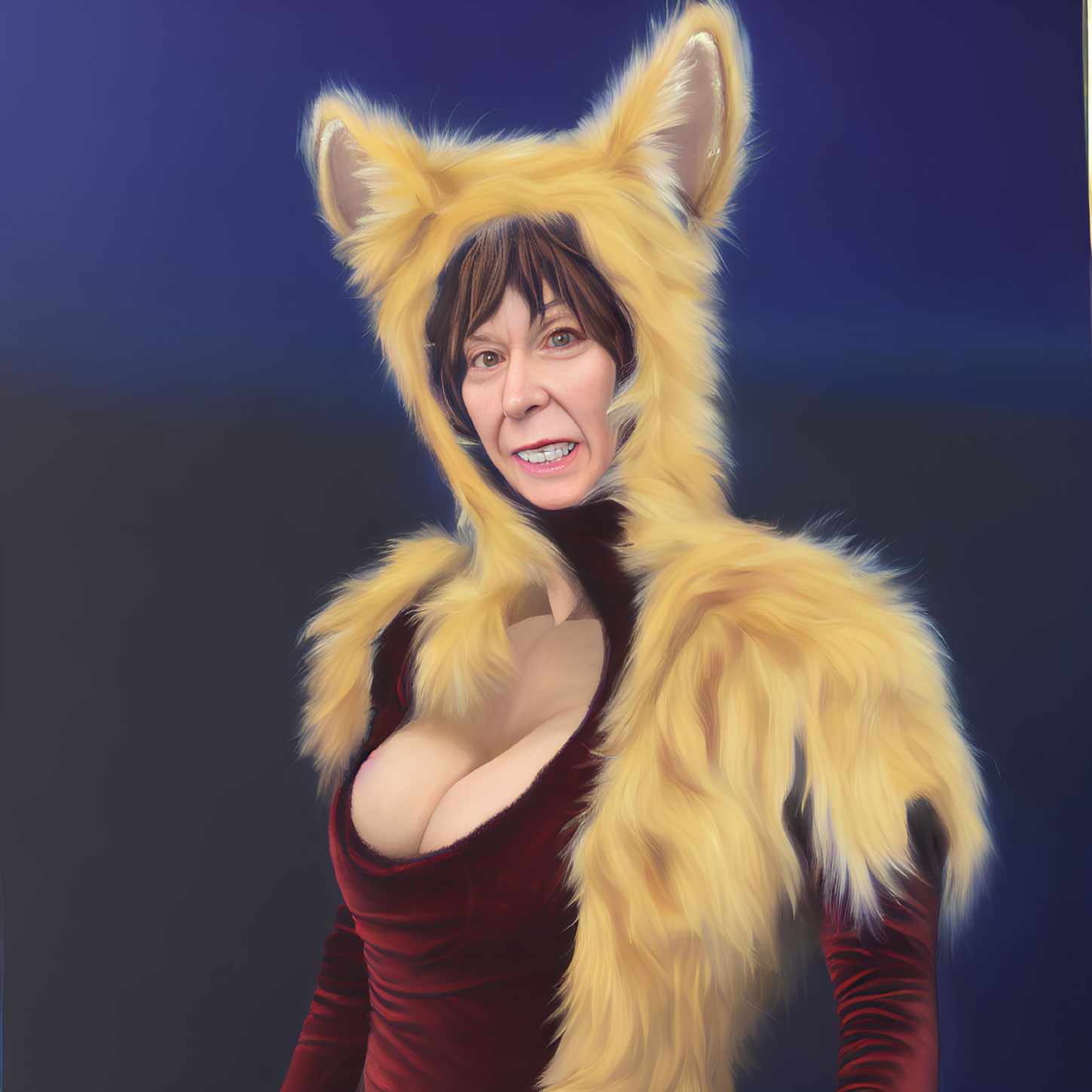 Smiling woman in yellow fox costume on blue background