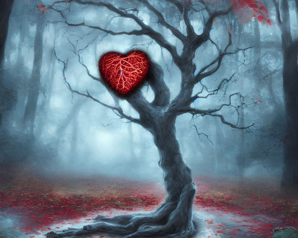 Mystical tree with red leaves and glowing heart shape in foggy forest