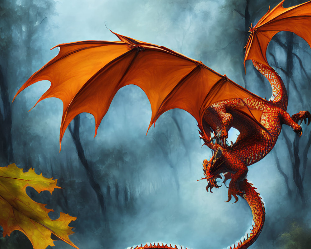 Red Dragon with Wings Perched in Misty Forest