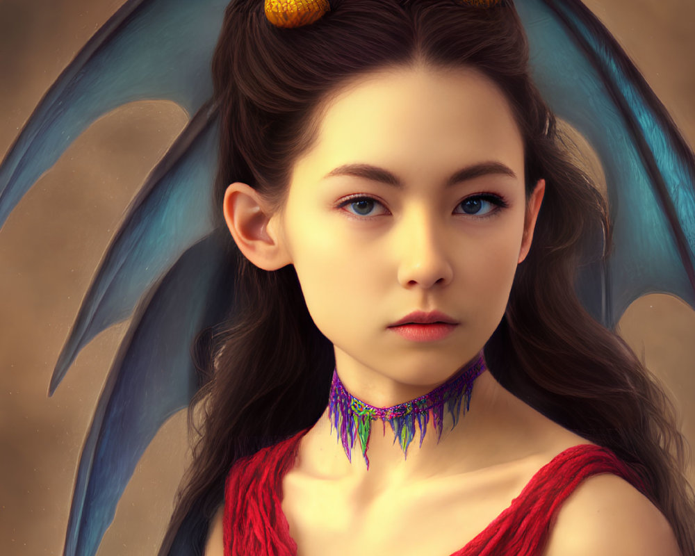Digital artwork featuring a girl with dragon-like features and blue wings, horns, and choker on a