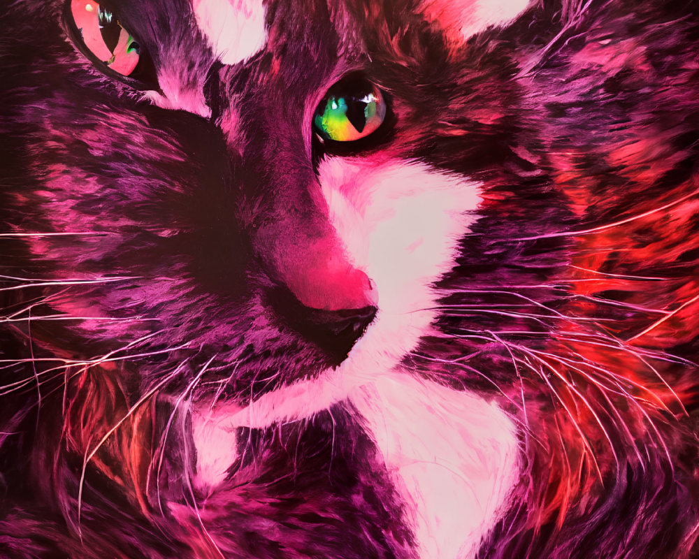 Colorful Digital Artwork of Cat with Green Eyes in Pink and Crimson Tones
