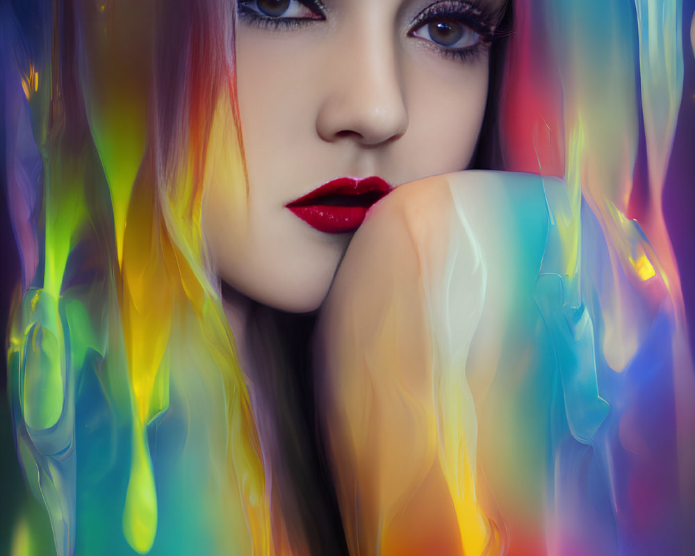 Vibrant rainbow colors frame woman with striking makeup