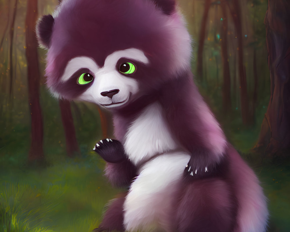 Illustrated purple and white panda with green eyes in enchanted forest