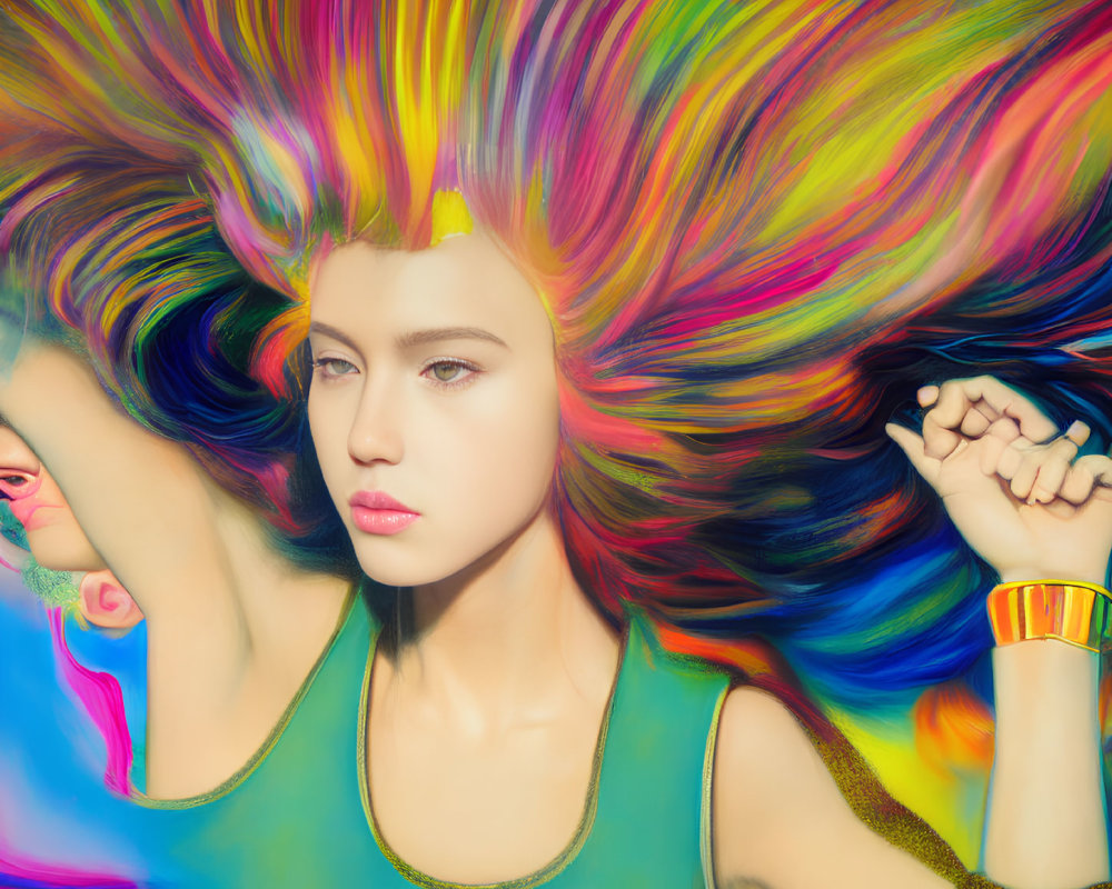 Colorful flowing hair woman posing with raised arms