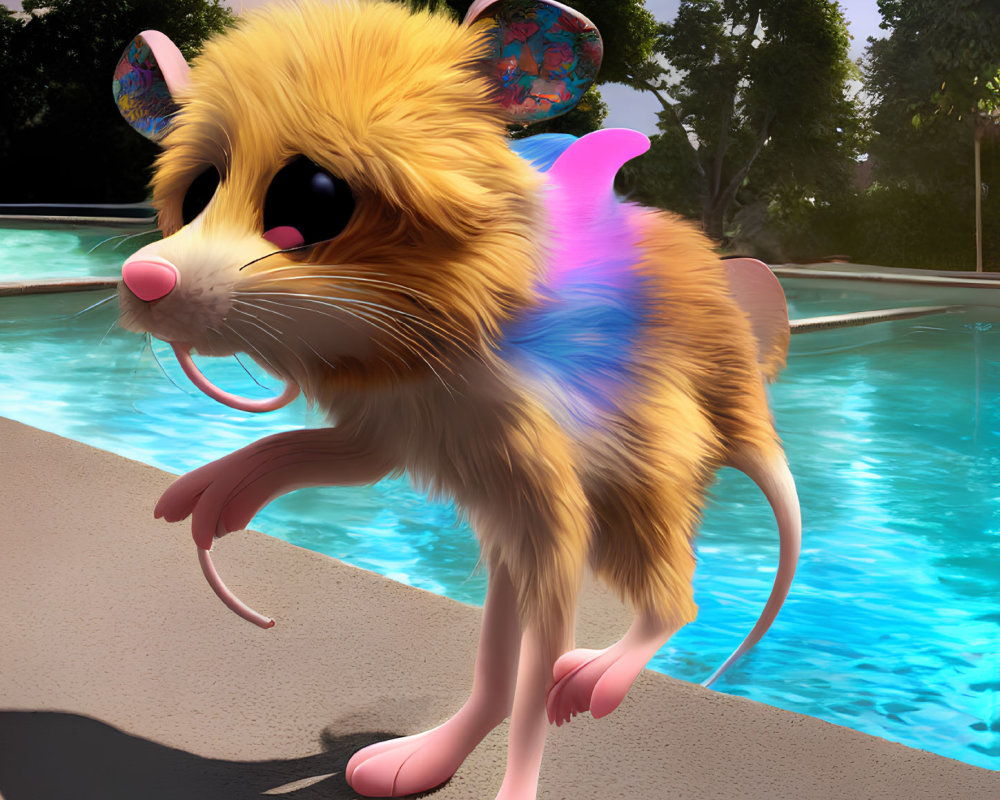 Yellow cartoon mouse with colorful wings by a sunny pool