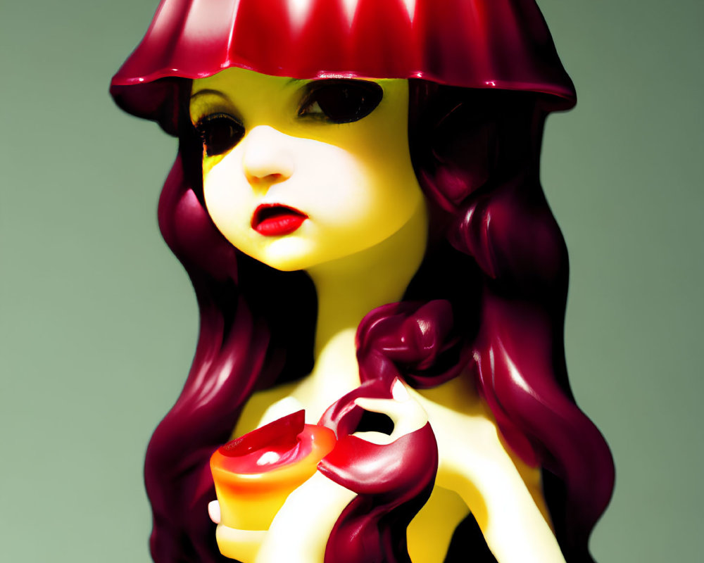Red-haired doll with lampshade hat and apple on green background