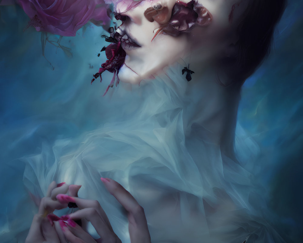 Surreal portrait with floral motif and disintegrating roses on blue background