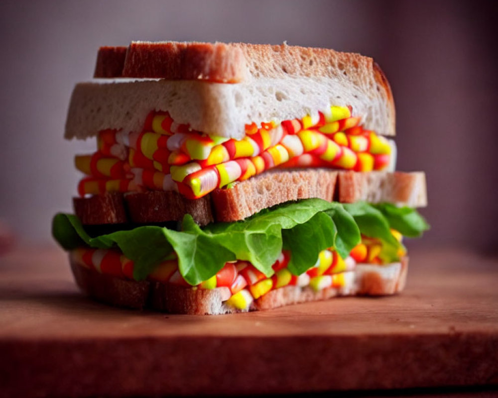 Colorful corn salad and lettuce sandwich on white bread board