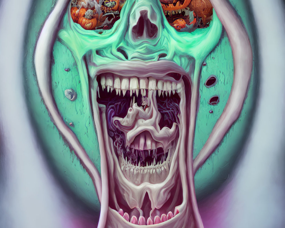 Surreal layered artwork of open-mouthed creature with sharp teeth.
