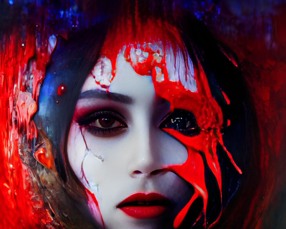 Person with Dramatic Red and White Makeup for Intense Artistic Portrait