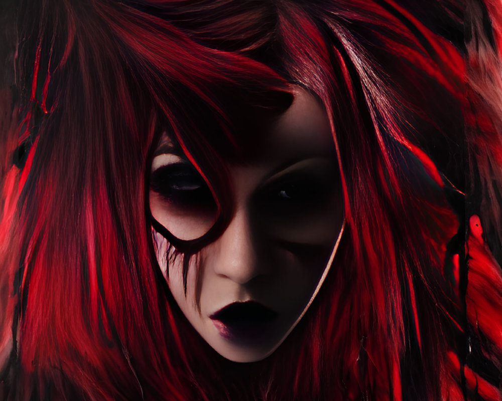 Close-Up Portrait: Dramatic Red and Black Hair, Dark Eye Makeup, Pale Skin