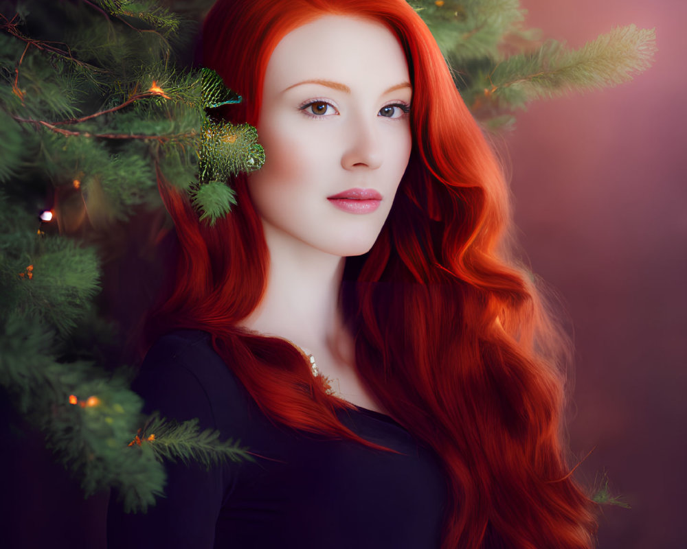 Red-haired woman by pine tree against warm backdrop