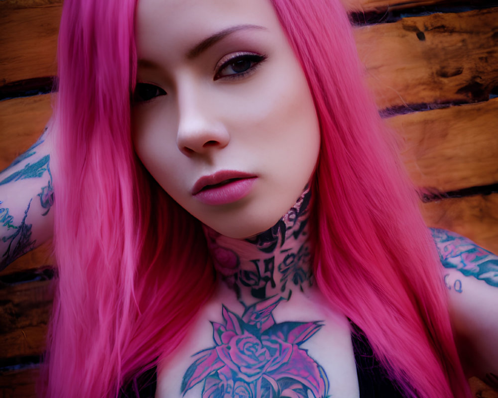 Vivid pink hair and tattoos on neck and arms against wooden backdrop
