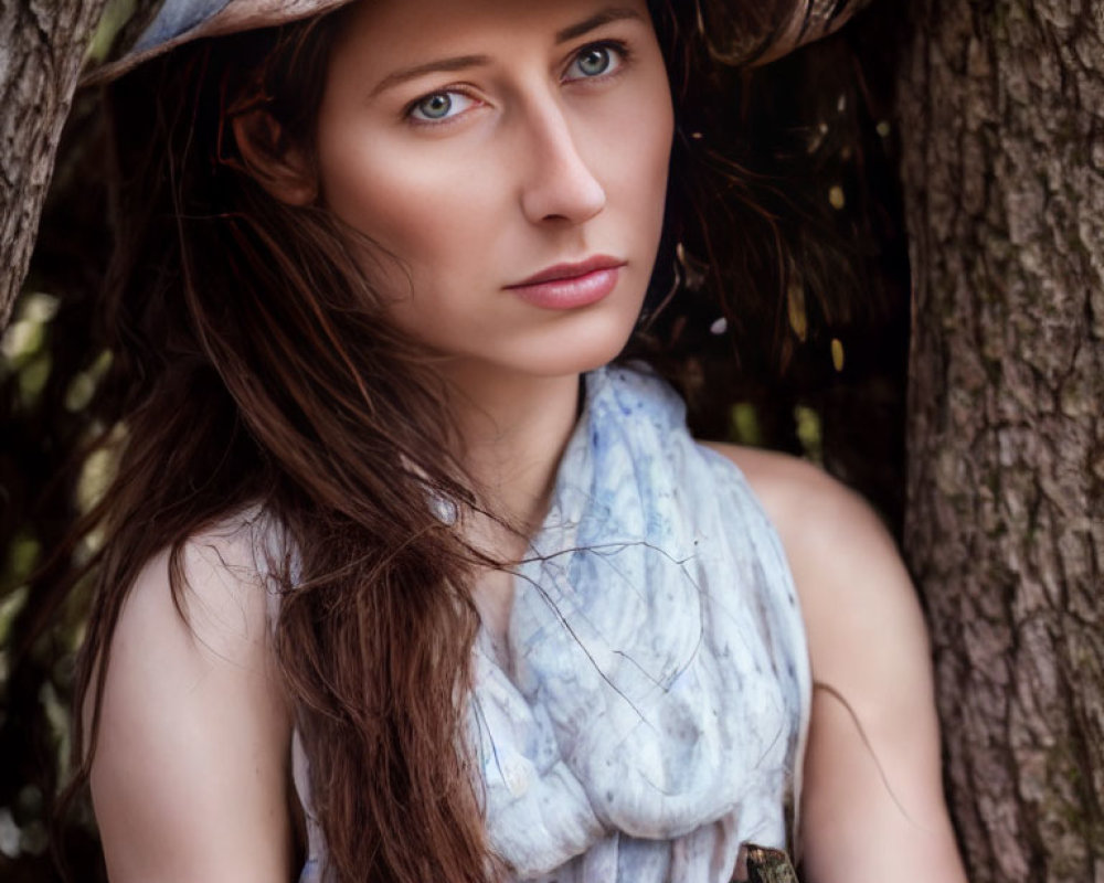 Intense woman in hat and scarf between tree trunks