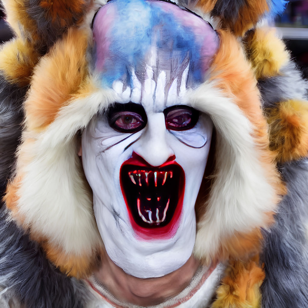 Person with fanged creature makeup and blue headpiece with fur.