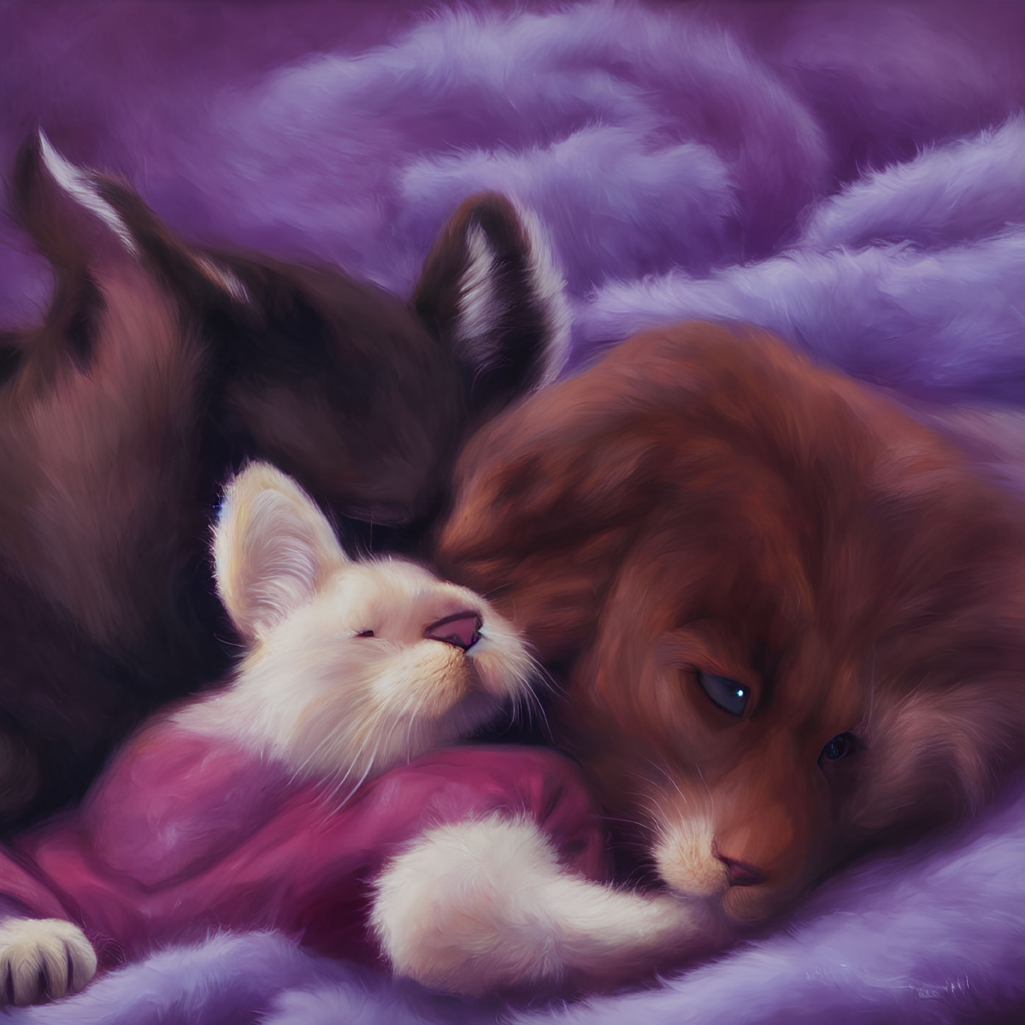 White Kitten and Brown Puppy Cuddled on Purple Blanket