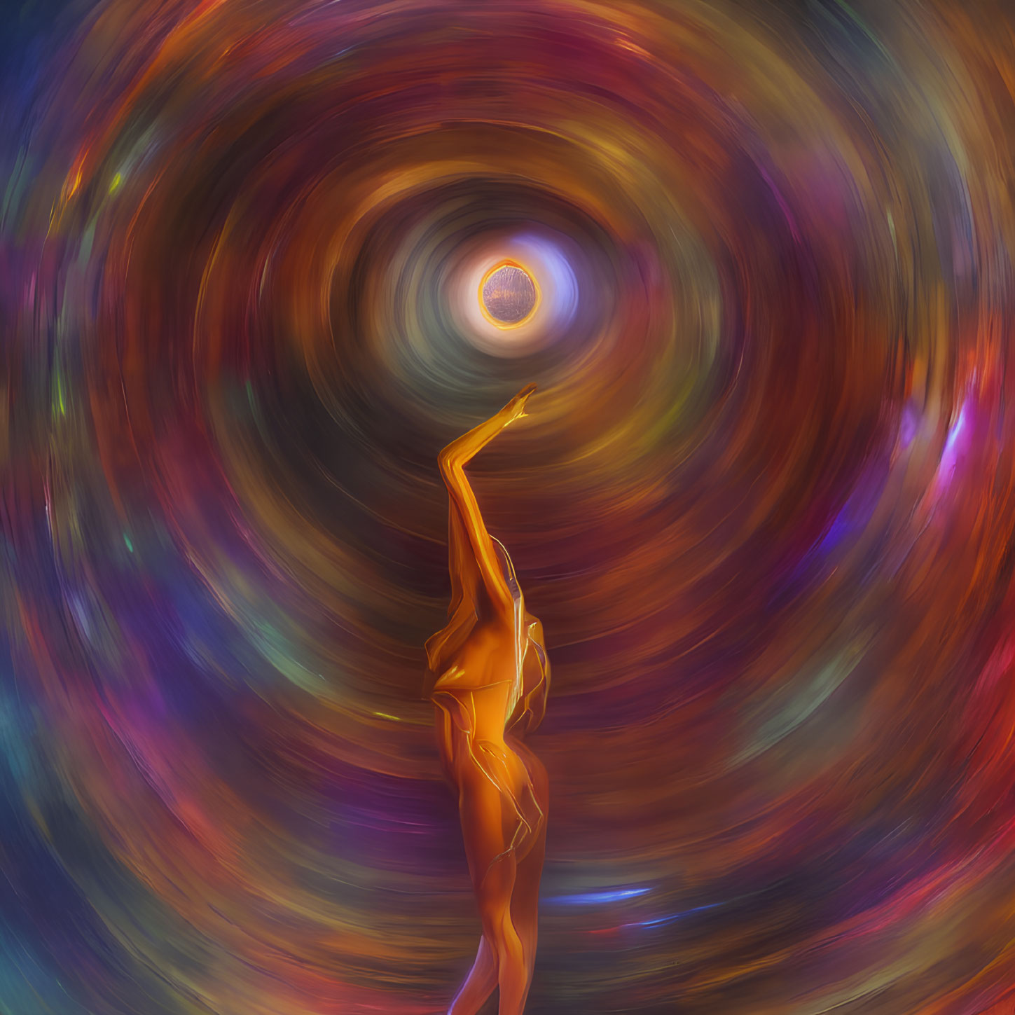 Silhouetted figure reaching for luminous orb in colorful vortex