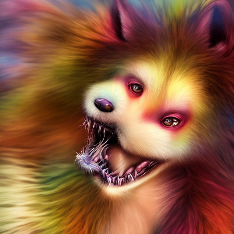 Vibrant artwork of snarling creature with rainbow fur and sharp teeth