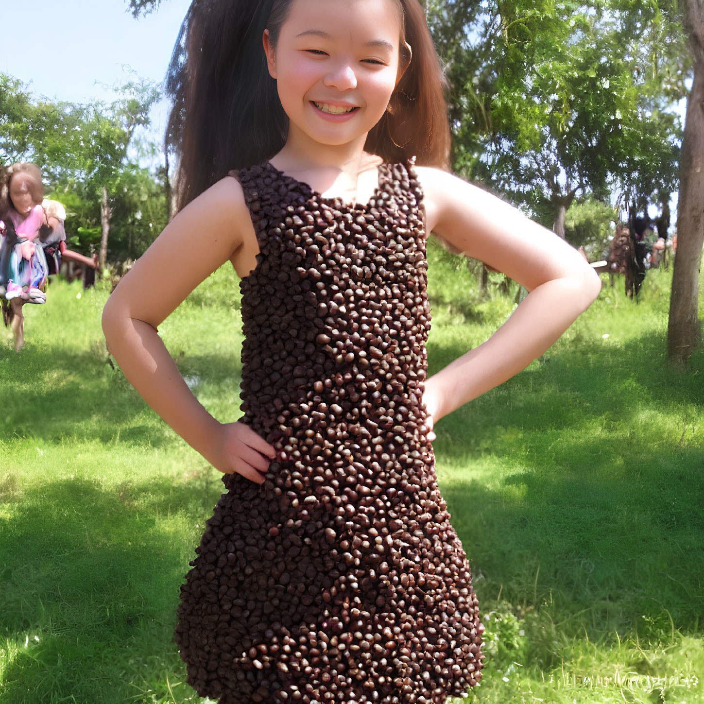 Young girl in coffee bean dress smiles in park with children and greenery