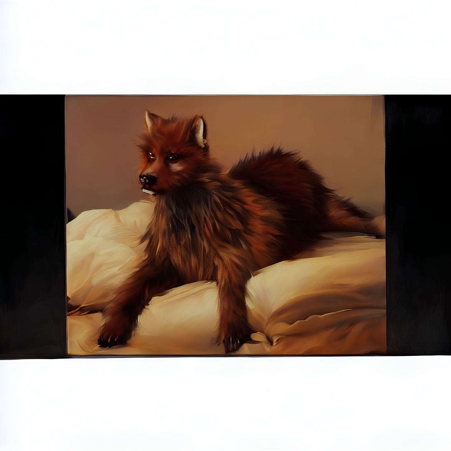 Brown Fox Resting on Cream Pillows Against Dark Background