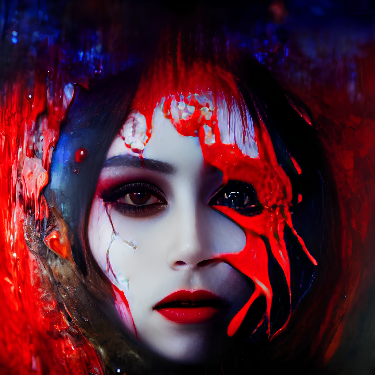 Person with Dramatic Red and White Makeup for Intense Artistic Portrait