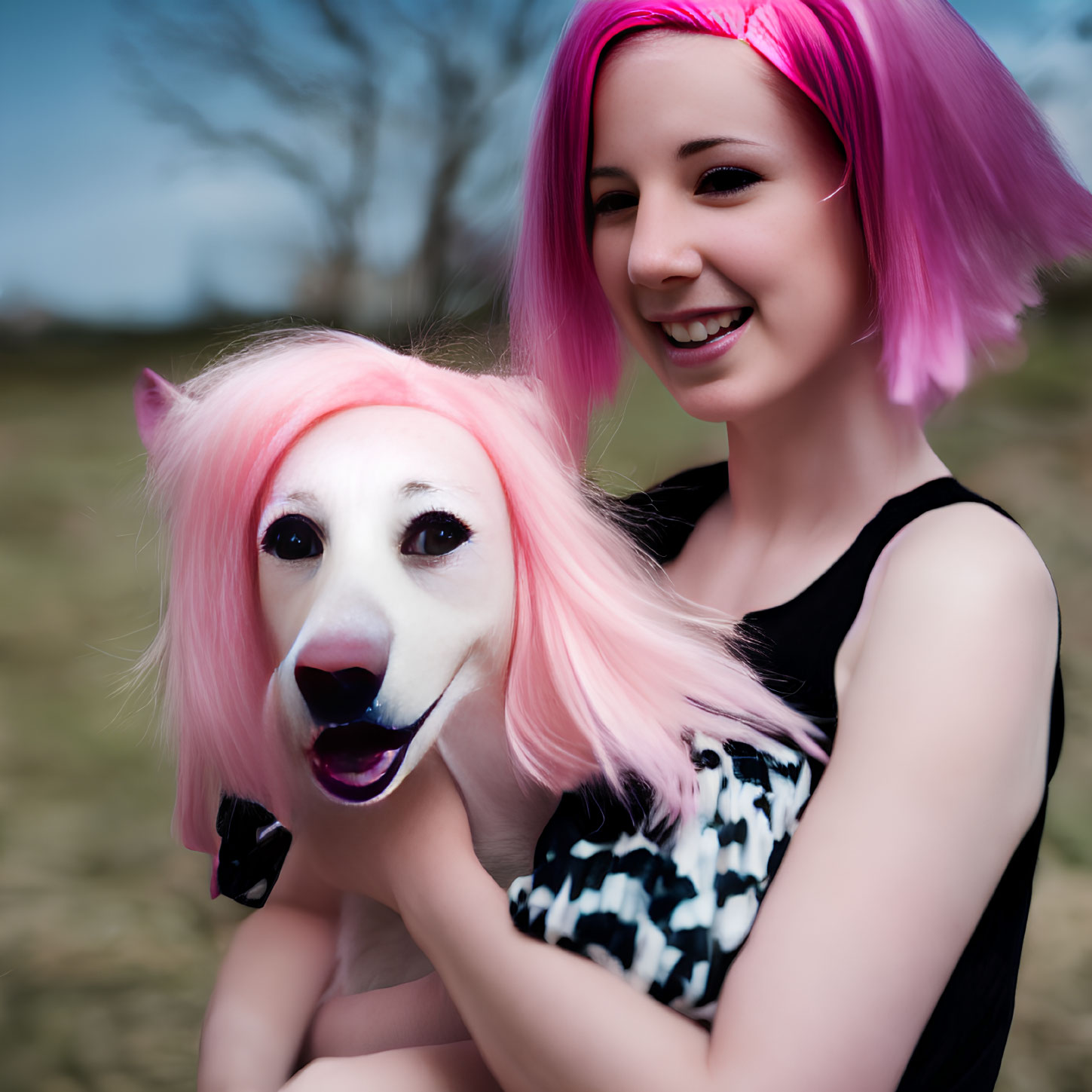 Pink-haired woman smiles with dog in matching wig outdoors