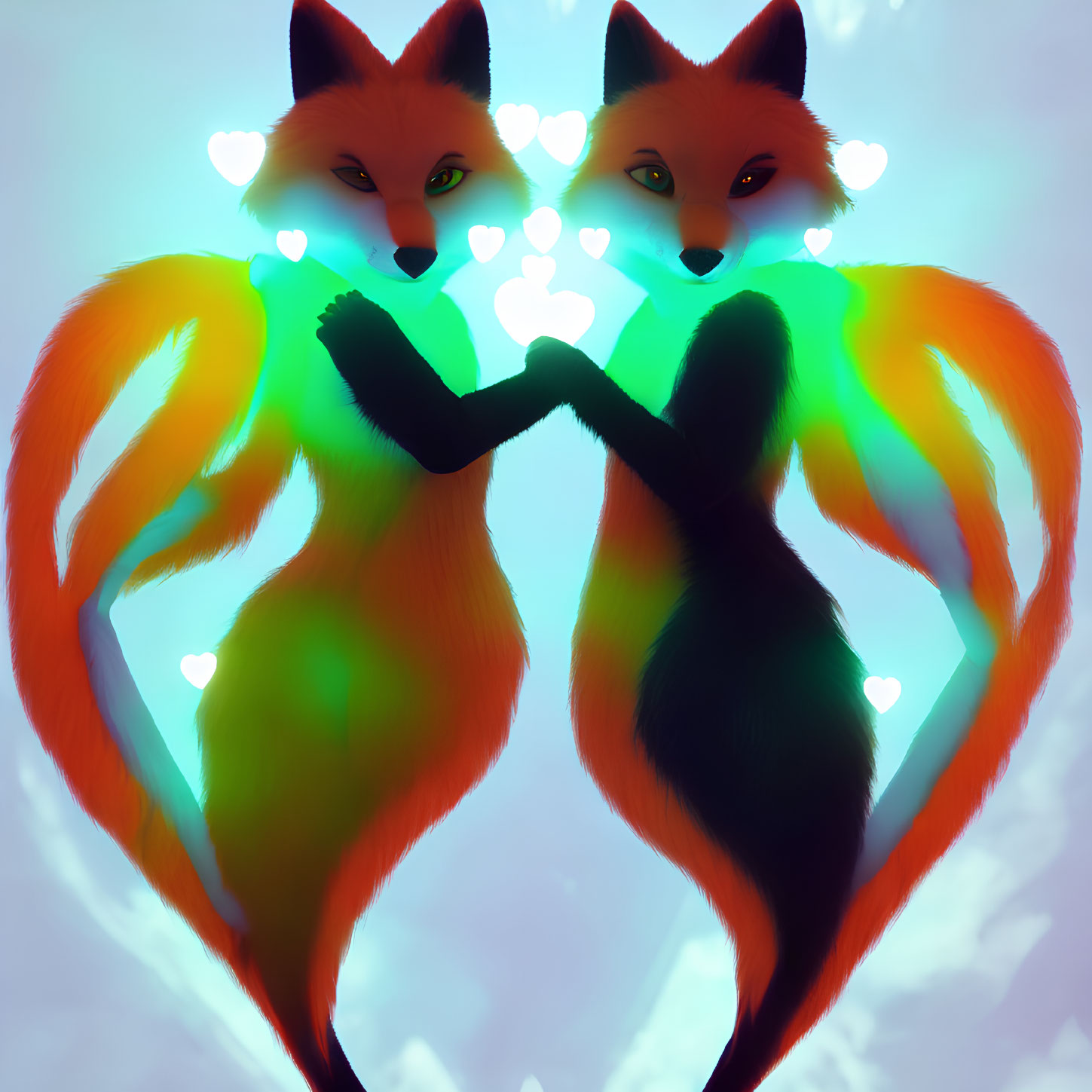 Symmetrical neon foxes on soft-lit background with hearts