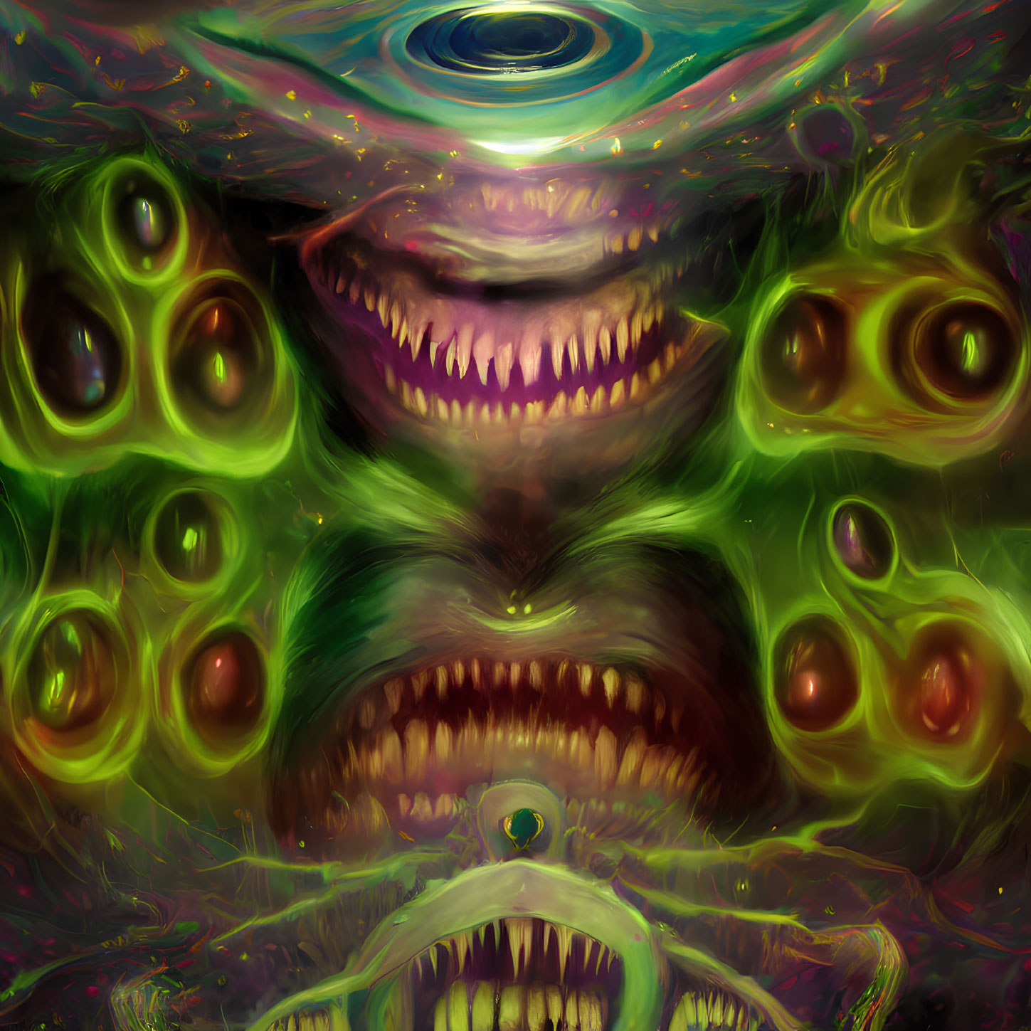 Colorful psychedelic artwork with monstrous faces and swirling patterns