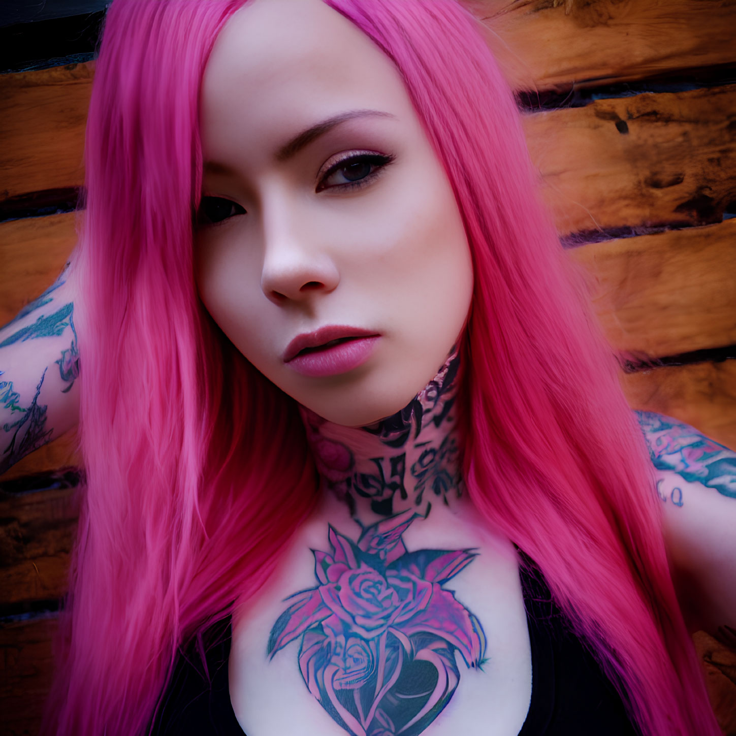 Vivid pink hair and tattoos on neck and arms against wooden backdrop