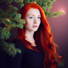 Red-haired woman by pine tree against warm backdrop