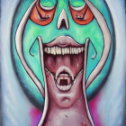 Surreal layered artwork of open-mouthed creature with sharp teeth.