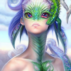 Fantasy portrait of humanoid creature with green reptilian skin and blue scales