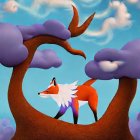 Surreal fox with oversized tails on floating rock amid clouds