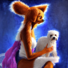 Humanoid fox in purple garment holding fluffy white dog on blue background