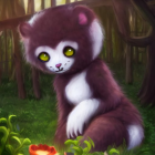 Illustrated purple and white panda with green eyes in enchanted forest