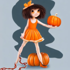 Illustration of girl with expressive eyes holding a pumpkin in orange dress and boots, standing on pumpkin with