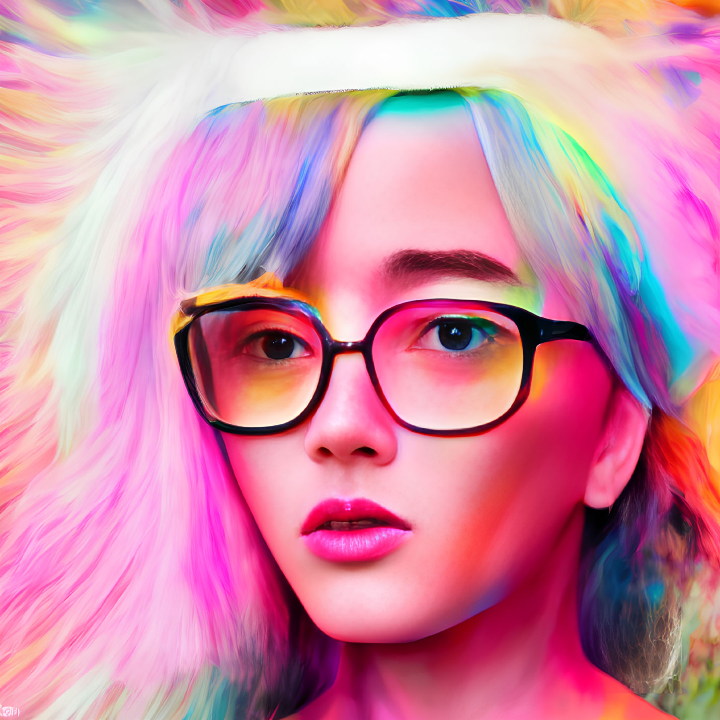 Colorful portrait of person with glasses and headband against swirling background