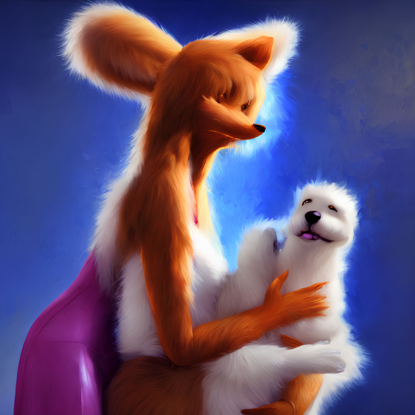 Humanoid fox in purple garment holding fluffy white dog on blue background