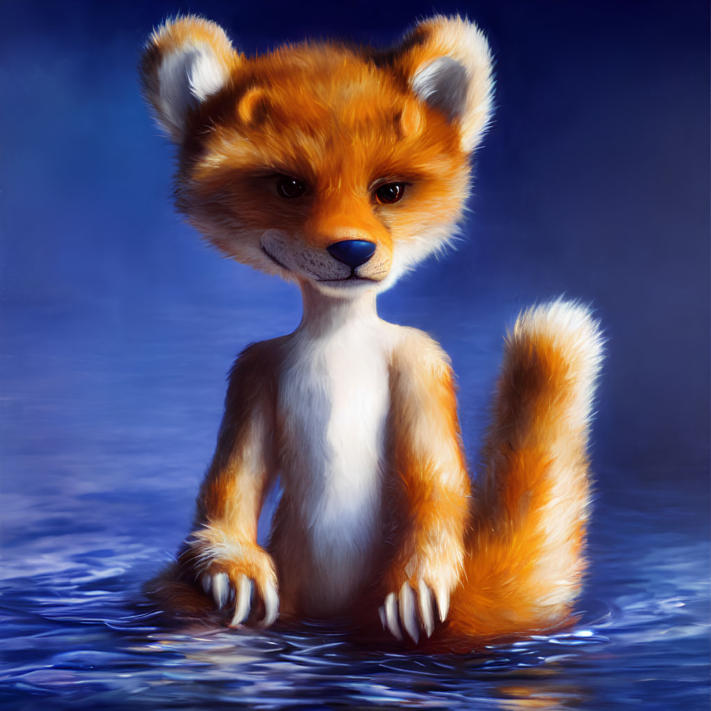 Red Fox with White Chest Standing in Water on Blue Background