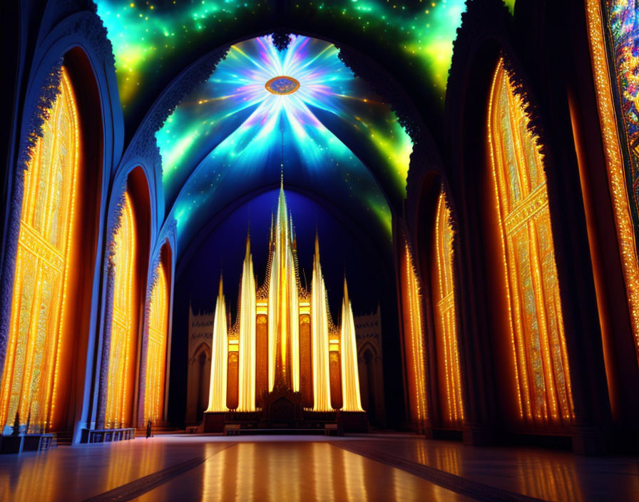 Grand Hall with Pointed Arches, Star-like Ceiling Projection, Golden Wall Patterns