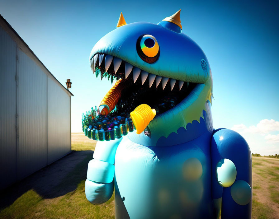Colorful Inflatable Monster with Sharp Teeth and Horns by White Fence