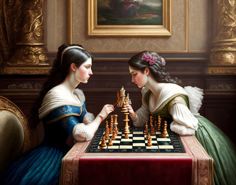 Historical women playing chess in detailed interior.