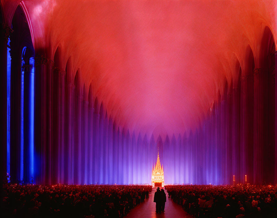 Cathedral interior with blue and red lighting, golden altar, and seated silhouettes