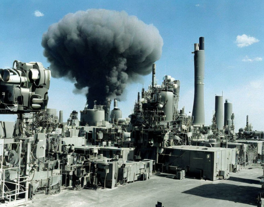 Industrial facility emitting dark smoke with tall chimneys