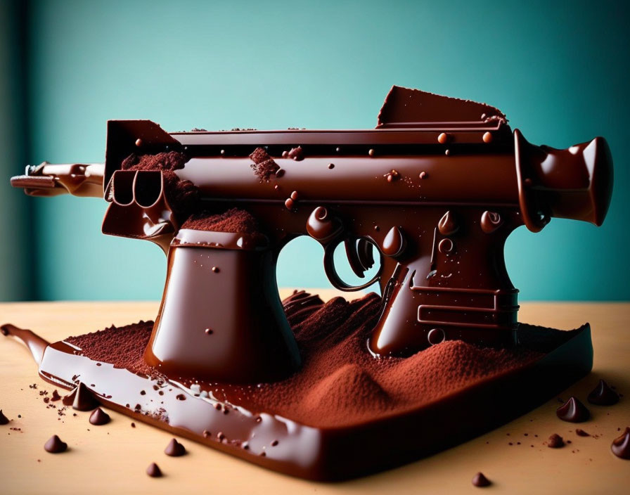Realistic Chocolate Handgun Sculpture on Teal Background