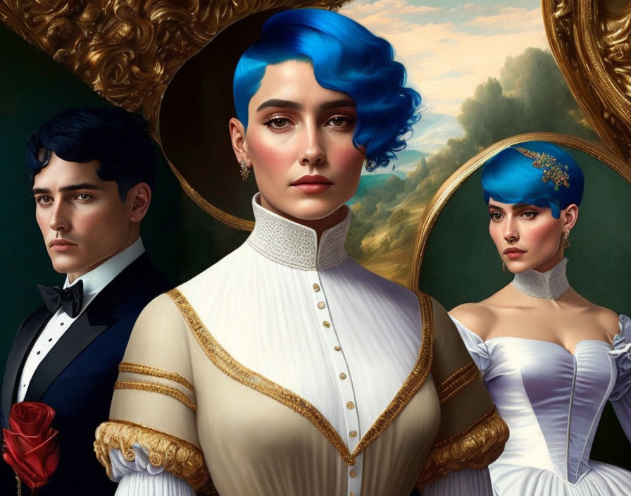 Stylized Victorian figures with blue hair in gilded frame setting