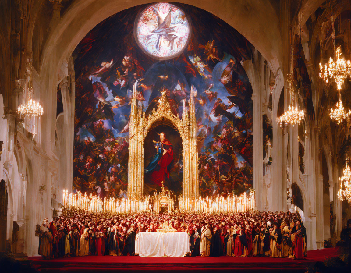 Choir in Red Robes with Candles in Church Setting
